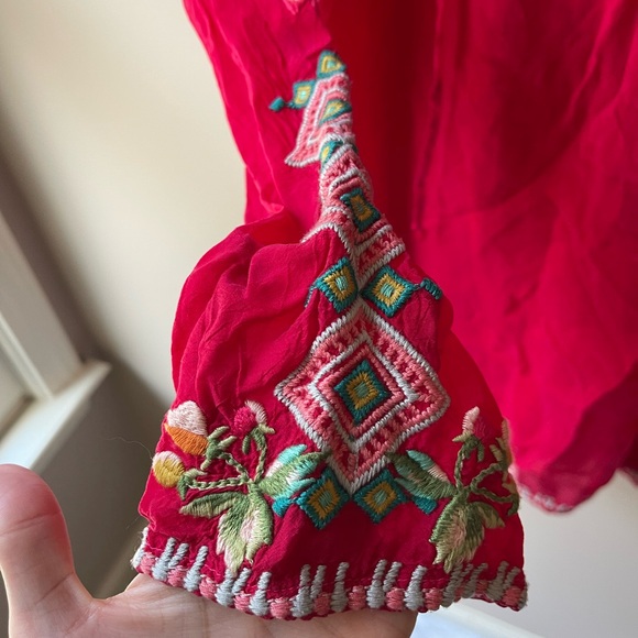 JOHNNY WAS Vanessa Cupro Blouse Red Embroidered Long Sleeve Tunic Top Medium - Picture 5 of 8
